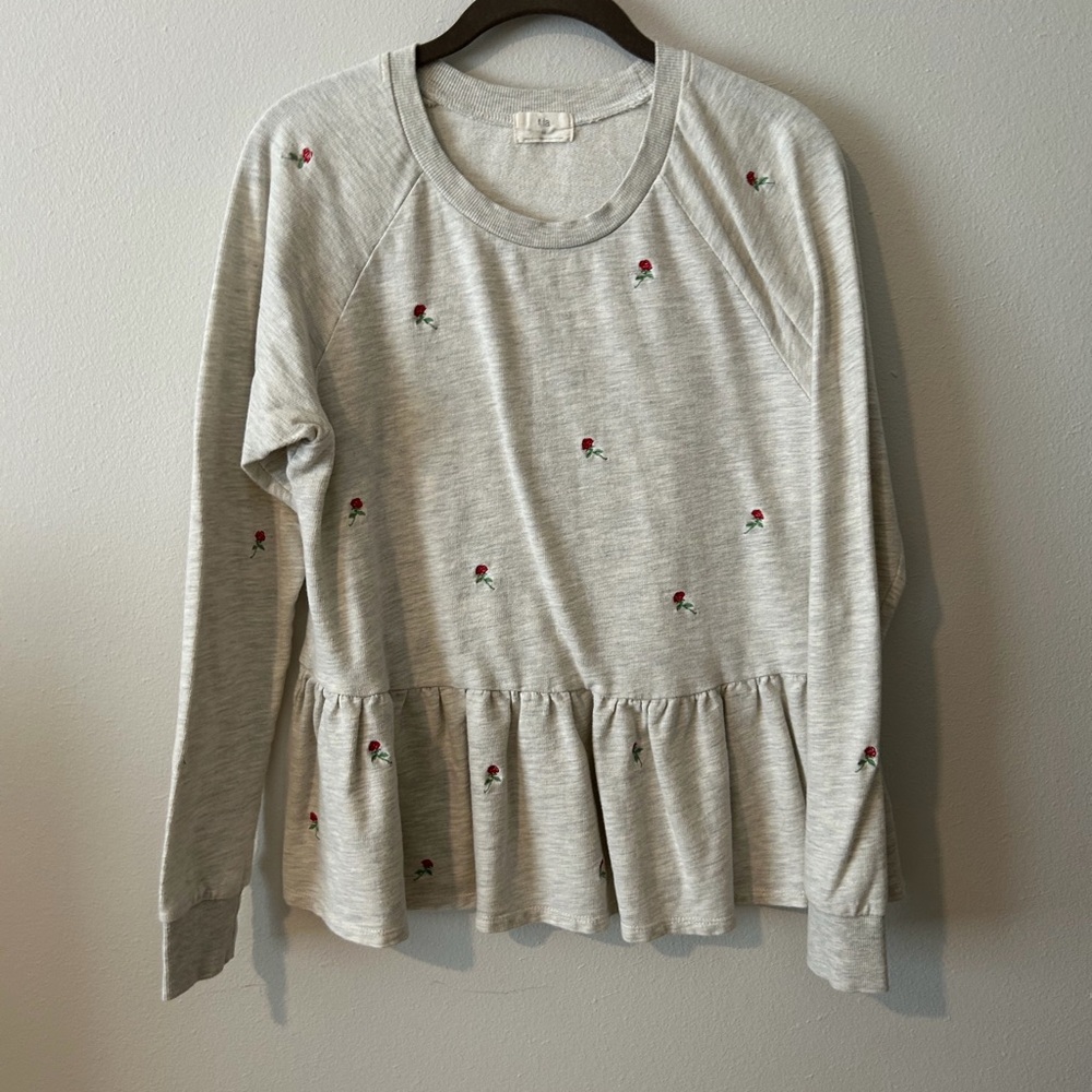 Anthropologie Heather Gray Peplum Sweatshirt with Red Rose Embroidery